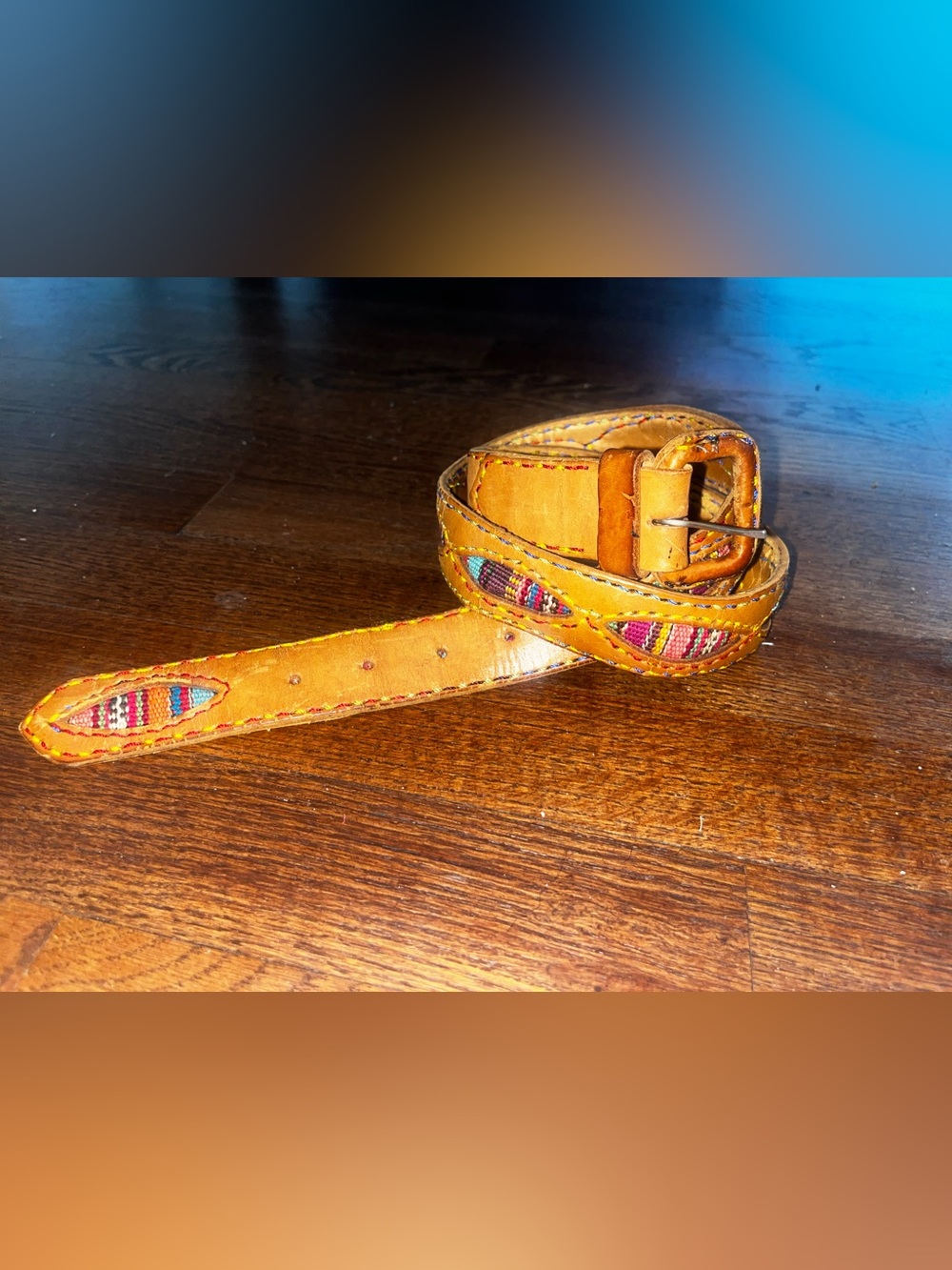 Leather Belt with Colorful Woven Inlay - Tan